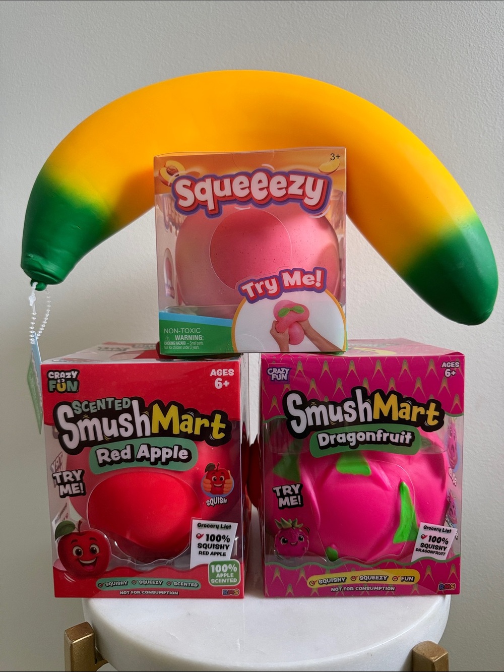 Sunny Days Squeeezy Peach and Banana, SmushMart Dragonfruit and Red Apple